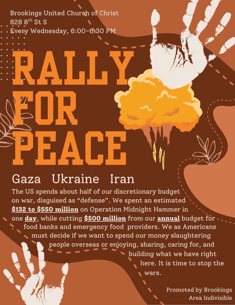 Join the Rally for Peace each Wednesday at the UCC Church from 6 to 6:30 PM to demand a stop to the wars!