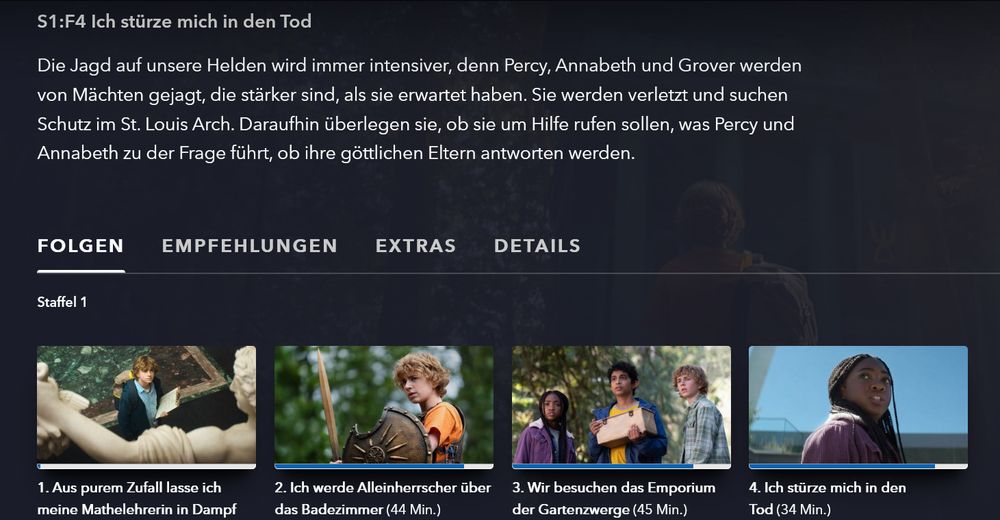 Screenshot der Disney+ Percy Jackson Serie. Darauf zu sehen sind die ersten 4 von 8 Episoden.