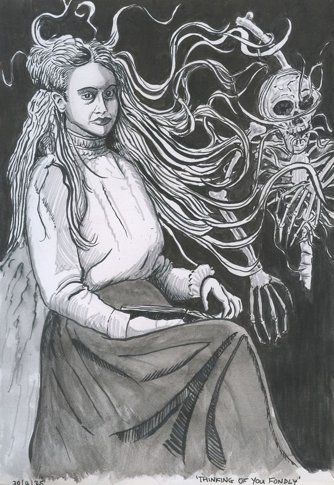 Ink drawing of a young woman with wild hair and a skeleton