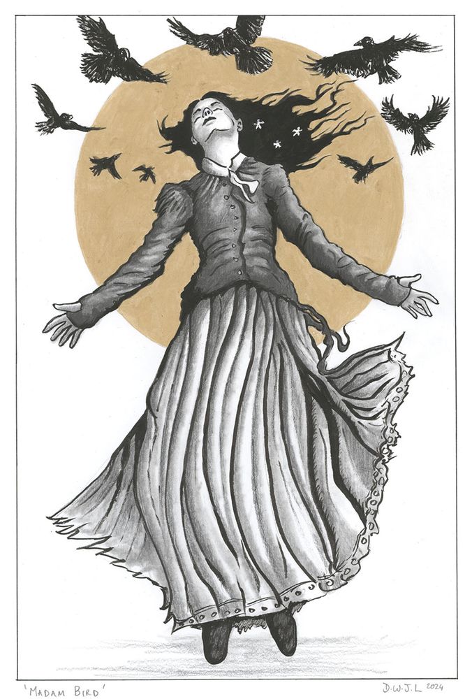 A drawing of a woman in flowing garments beginning to levitate whilst a murder of crows flock around her head.