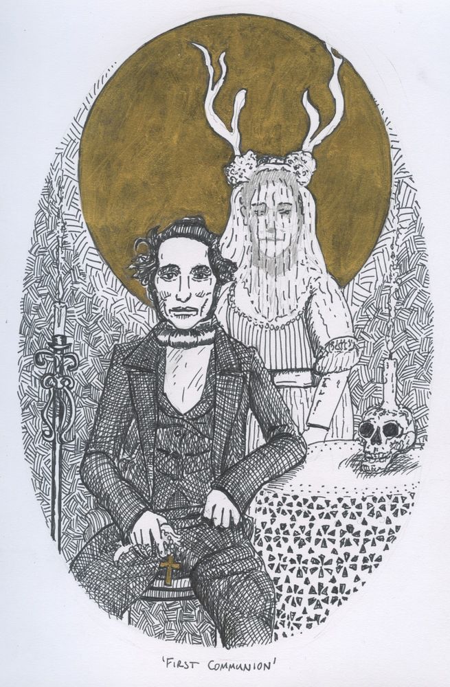 Two mysterious figures, one veiled with antler headdress, one suited up. They are lit by candlelight and drawn in a rough sketchy manner with inks.