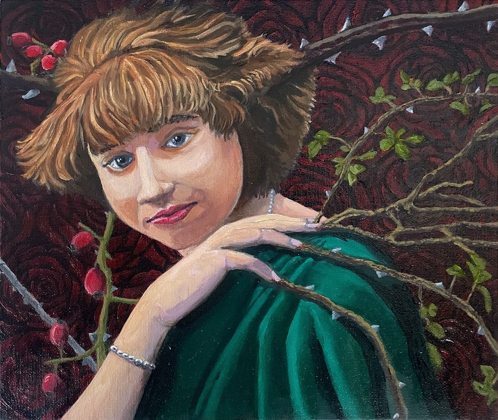 An oil painting of a female figure, branches sprout from her fingers and hair