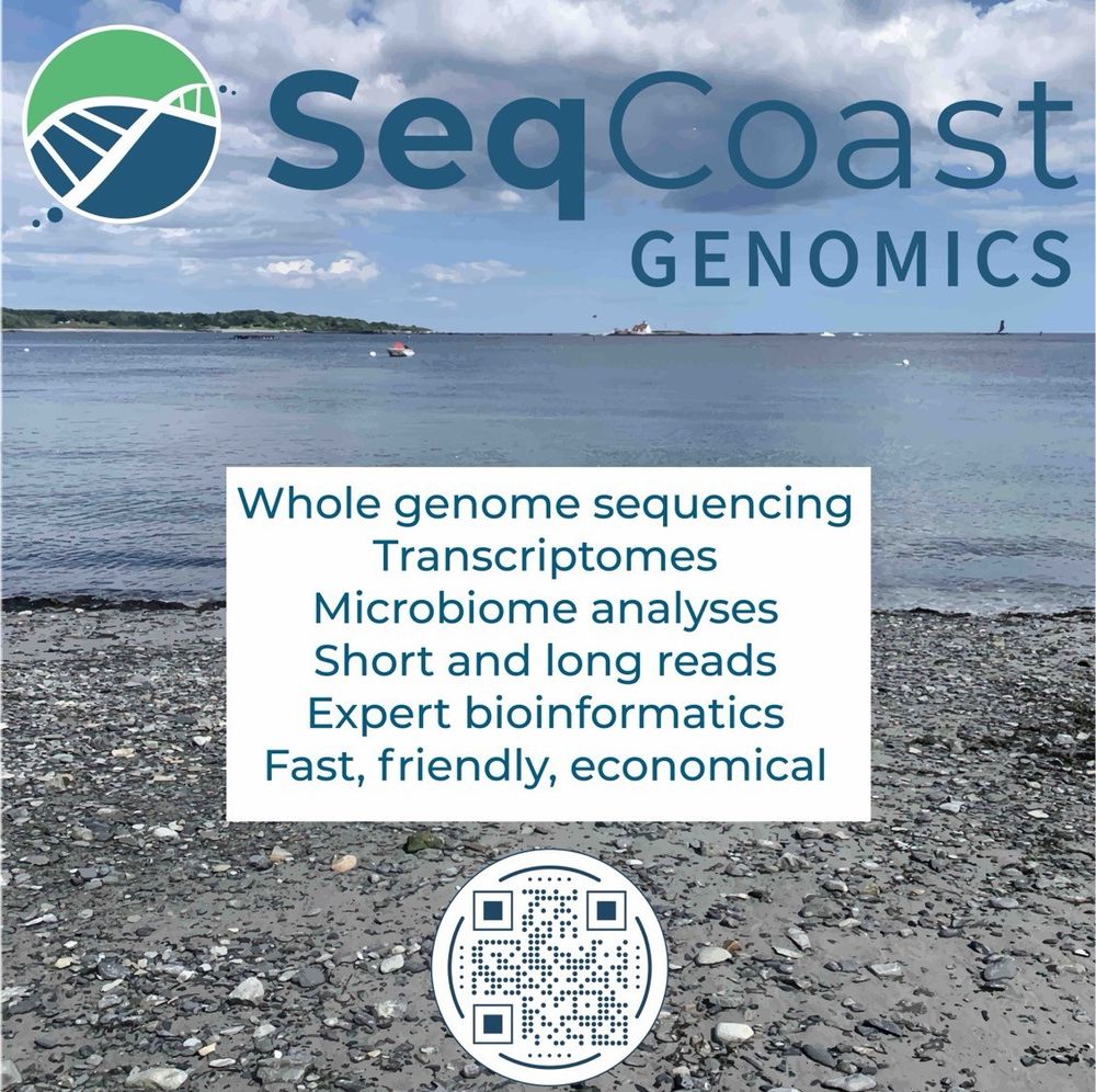 SeqCoast Genomics poster with a New Hampshire beach scene in the background. Reads:
Whole genome sequencing
Transcriptomes
Microbiome analyses
Short and long reads
Expert bioinformatics
Fast, friendly, economical
Contains a QR code that directs to www.seqcoast.com