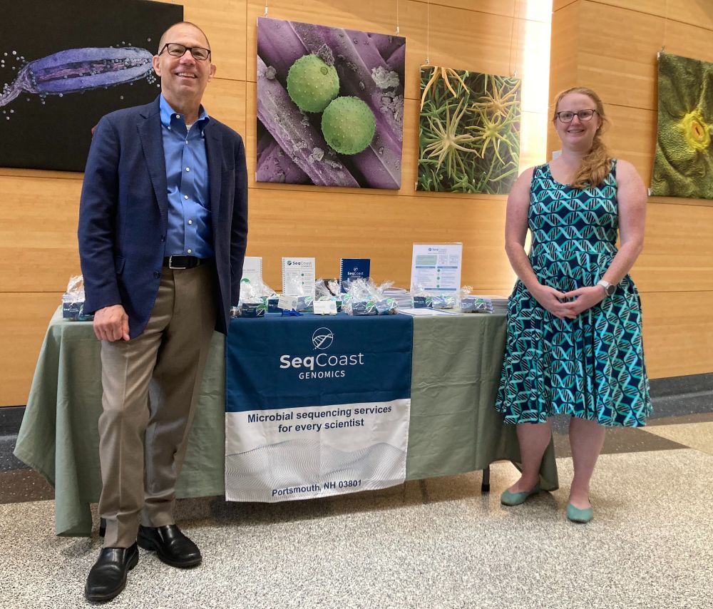 SeqCoast Genomics vendor table, staffed by co-founders Thom Novak and Michelle Clay