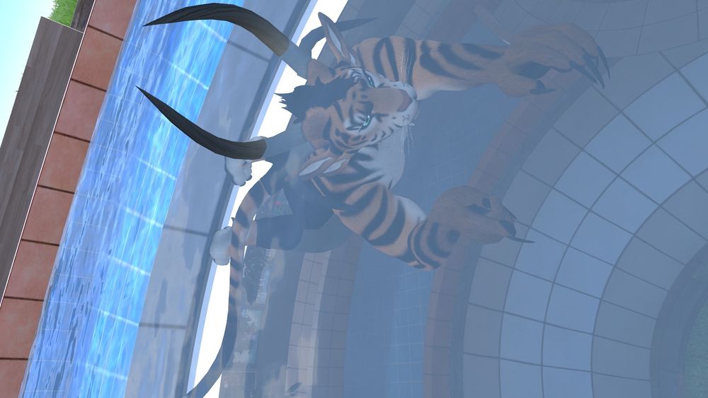 Tiger creature with horns and double ears dipped in the pool