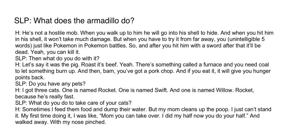 SLP: What does the armadillo do?
H: He's not a hostile mob. When you walk up to him he will go into his shell to hide. And when you hit him in his shell, it won't take much damage. But when you have to try it from far away, you (unintelligible 5 words) just like Pokemon in Pokemon battles. So, and after you hit him with a sword after that it'll be dead. Yeah, you can kill it.
SLP: Then what do you do with it?
H: Let's say it was the pig. Roast it's beef. Yeah. There's something called a furnace and you need coal to let something burn up. And then, bam, you've got a pork chop. And if you eat it, it will give you hunger points back.
SLP: Do you have any pets?
H: I got three cats. One is named Rocket. One is named Swift. And one is named Willow. Rocket, because he's really fast.
SLP: What do you do to take care of your cats?
H: Sometimes I feed them food and dump their water. But my mom cleans up the poop. I just can't stand it. My first time doing it, I was like, "Mom you can take over. I did my half now you do your half." And walked away. With my nose pinched.