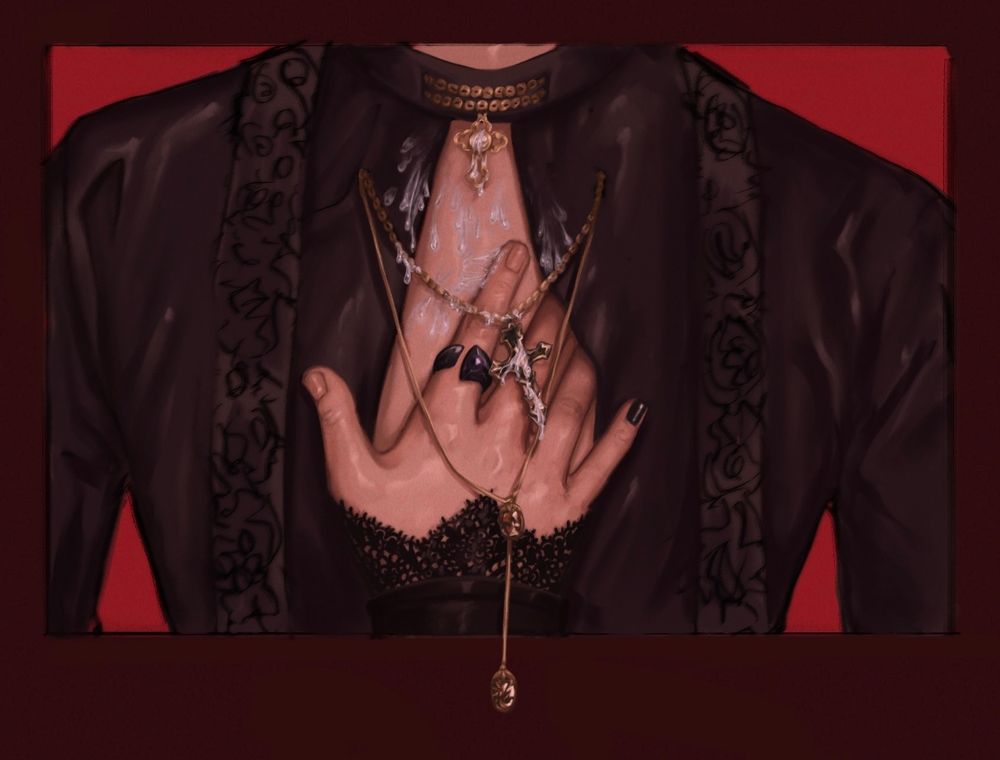 The same digital painting of hongjoong's hand reaching out to touch seonghwa's chest but in this iteration there are drops of come all over the chest cutout and jewellry. 