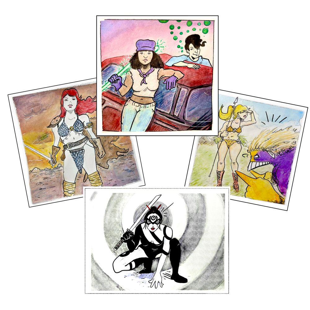 Four illustrations representing comics of the 70s (red sonja), 80s (Mage), 90s ( the Maxx) & the 2000s (Lady Bullseye)
