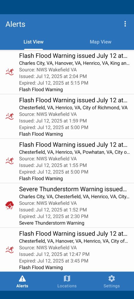 A screenshot from the myAlerts android app showing 5 NWS warnings for the Richmond area on July 12