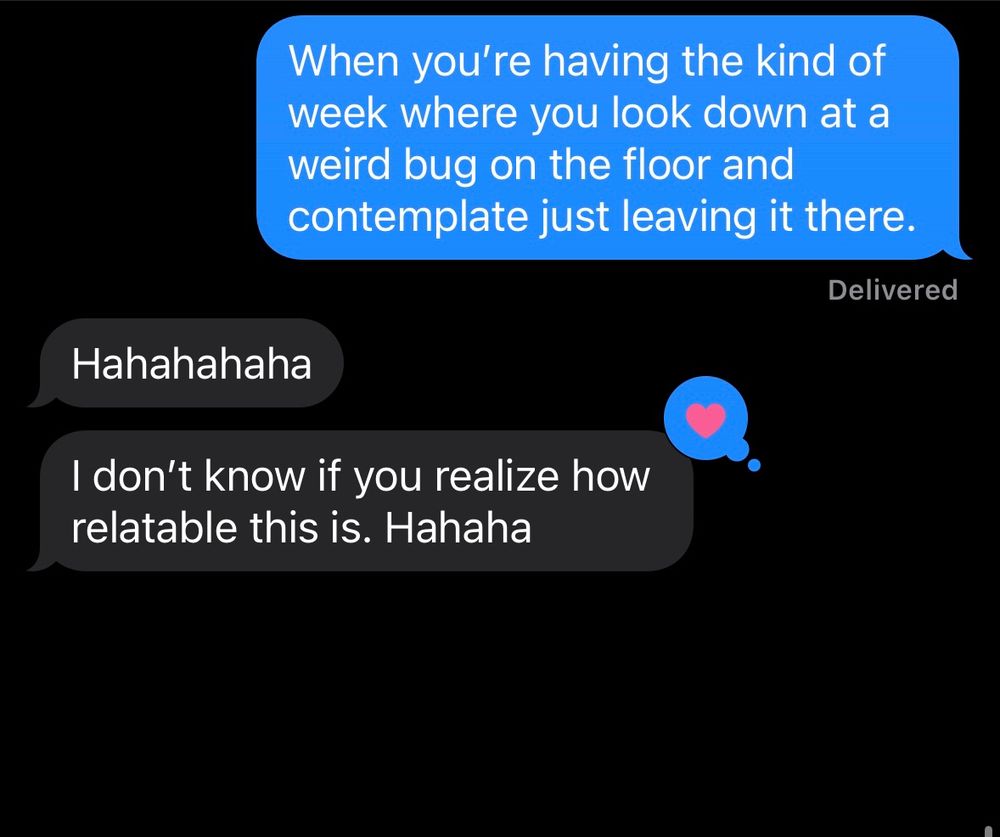 Screenshot of text conversation:
Me: When you’re having the kind of week where you look down at a weird bug on the floor and contemplate just leaving it there. 
Friend: Hahahahaha
Friend: I don’t know if you realize how relatable this is. hahaha