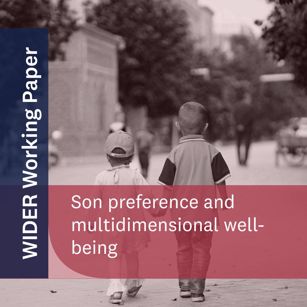 Two children walking hand-in-hand down a street, with a text overlay that says "WIDER Working Paper, Son preference and multidimensional well-being"