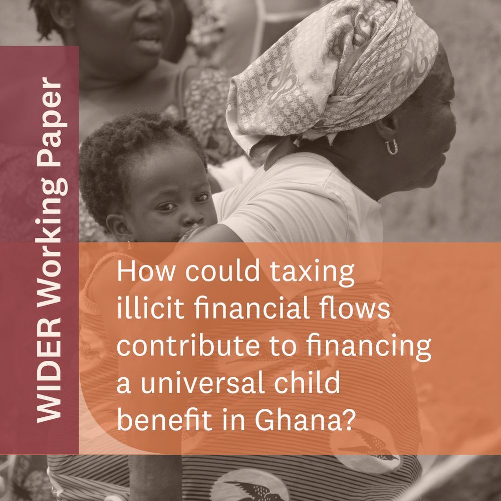 Picture of a woman carrying a child on her back, with the text "WIDER Working Paper, How could taxing illicit financial flows contribute to financing a universal child benefit in Ghana?" over it.