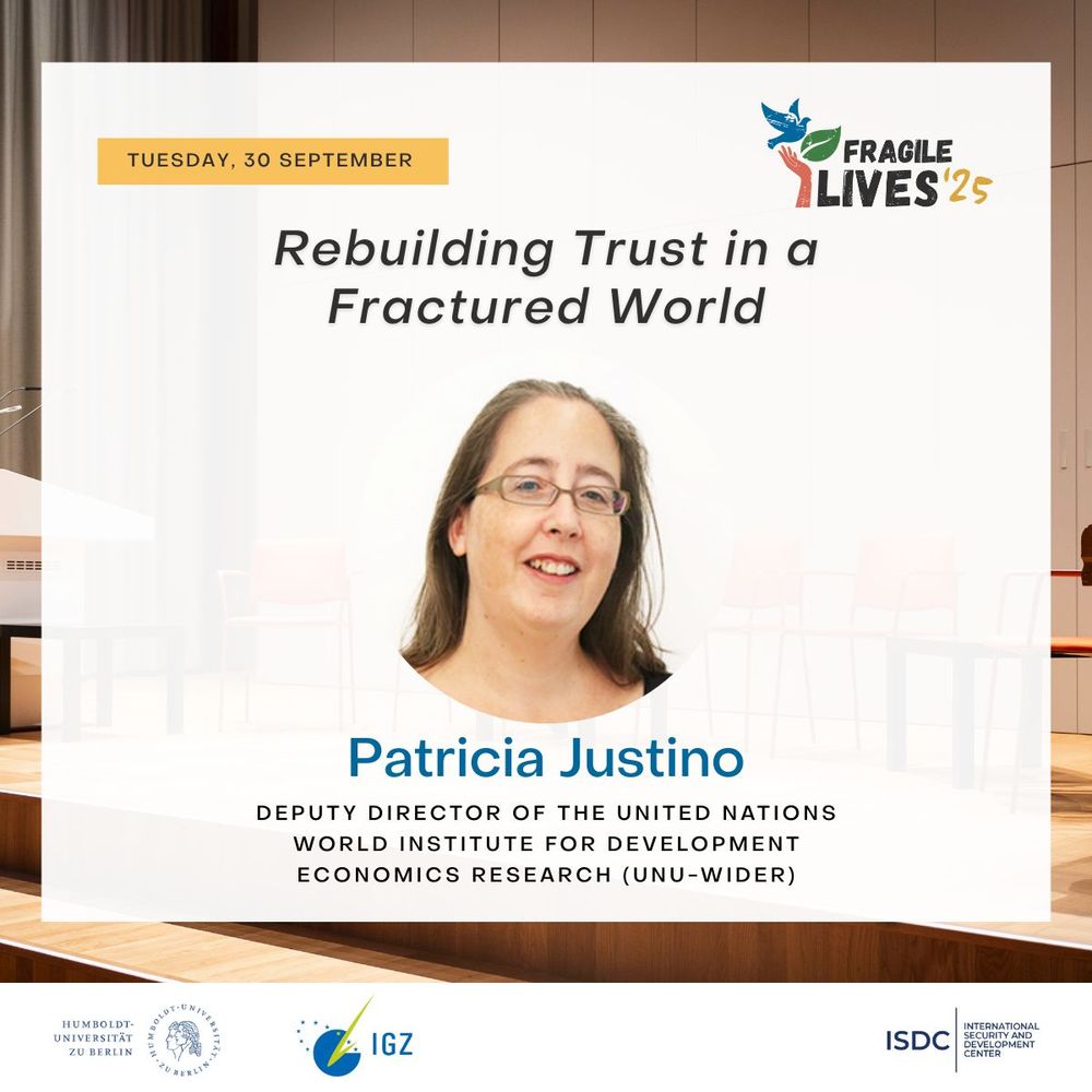 Image of Patricia Justino and the title of her keynore, Rebuilding Trust in a Fractured World, with the Fragile Lives 2025 conference's logo and visual elements.