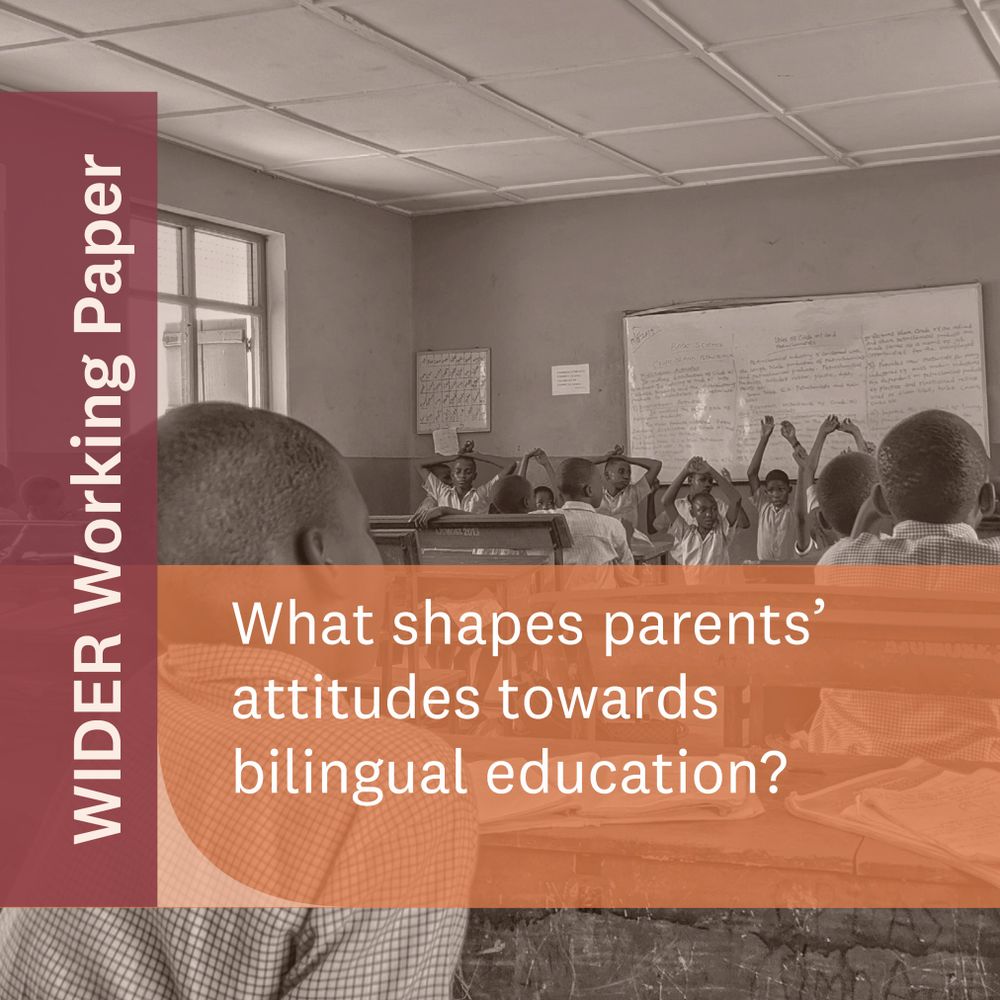 A classroom setting showcasing students engaged and raising their hands,with an overlay with text "WIDER Working Paper, What shapes parents' attitudes towards bilinguag education?" in red and orange backgrounds.