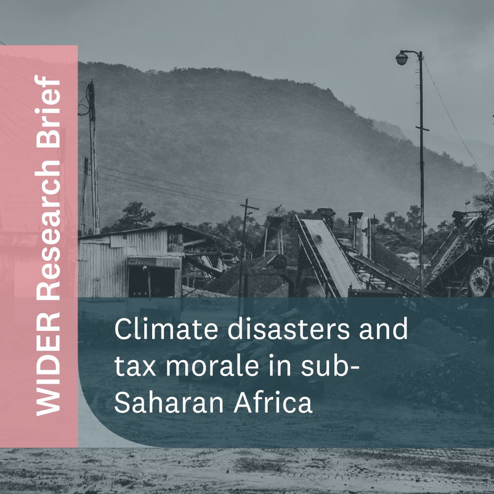 Graphic of WIDER Research Brief on climate disasters and tax morale in sub-Saharan Africa, featuring a mountainous landscape with industrial elements.