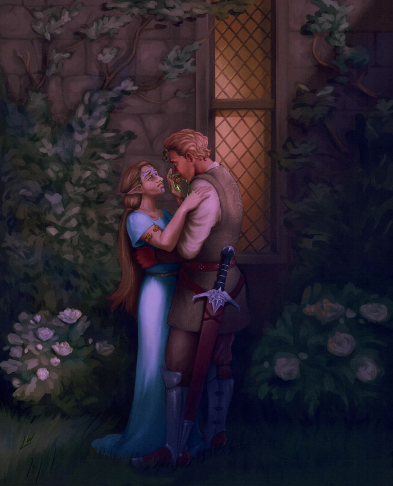 A digital painting of two figures standing in a castle courtyard at night. The light is soft and blue, with some warmth leaking out of a small window. The couple is holding each other; the scene is somber, as though they expect this to be their final meeting.