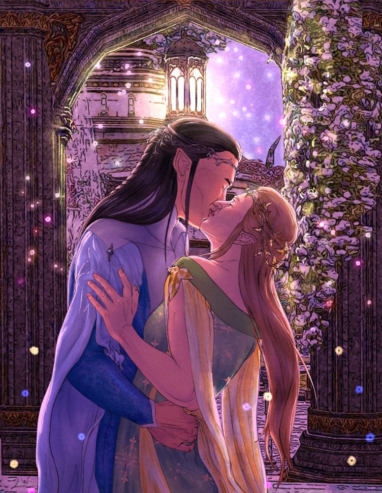 A digitally drawn image of two elves, Elladan (left) and Lanadhiel (right) kissing. They are set in the upper balconies of Minas Tirith as portrayed by the videogame Lord of the Rings: Online. Elladan is portrayed with Korean features, while Lanadhiel is white. He wears blue and silver, while she wears green and gold.