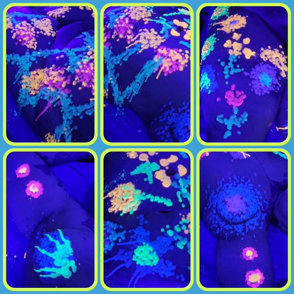A collage of six photographs of a body with ultraviolet reactive "glow in the dark" body safe wax play wax on it. The shapes of the wax are reminiscent of flowers, vines, and insects