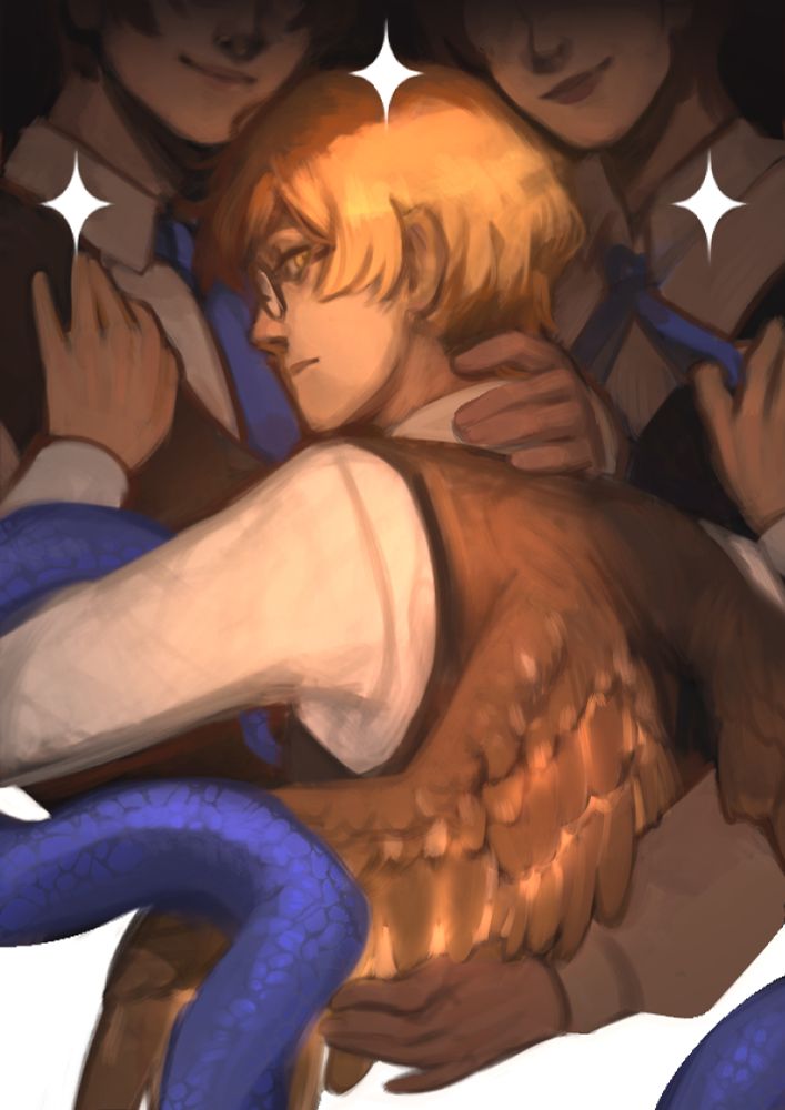 A faux cover for the book Demian by Hermann Hesse. Emil Sinclair, a blond man with glasses, leans against Max Demian and Frau Eva whose faces are shrouded in darkness. Wings emerge from Sinclair's back and a blue snake loosely coils around him as Frau Eva cards through the feathers on one wing and Demian rests a hand on Sinclairs neck, pulling him to them.
Sinclair is illuminated by strong, warm light but transitions into shadow where he leans into the Demians.