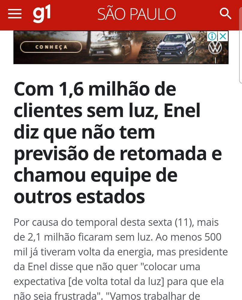 Reportagem dizendo que mais de 1 milhão de pessoas estão sem energia em São Paulo