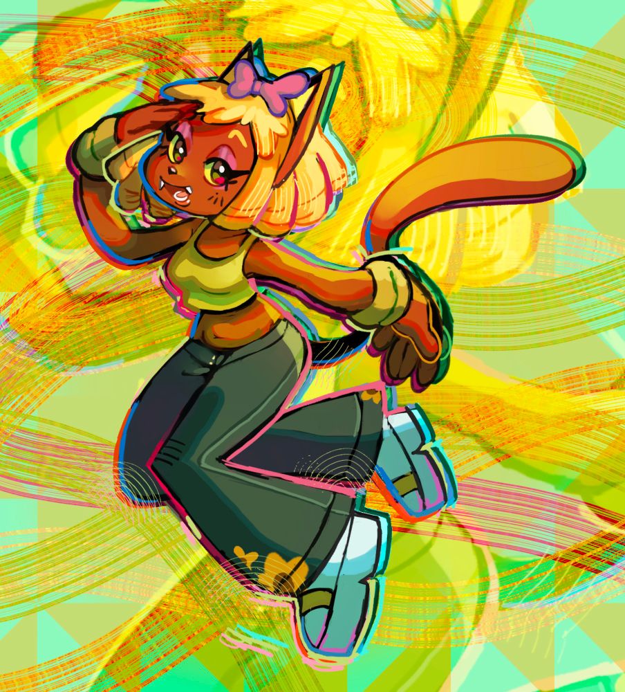 A drawing of a smiling dog character in pastel colors posing as if her hand was blocking the sun. She is wearing denim jeans with sunflower patterns and a green tank. This version of the character is more yellow and saturated.