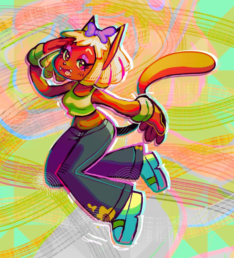 A drawing of a smiling dog character in pastel colors posing as if her hand was blocking the sun. She is wearing denim jeans with sunflower patterns and a green tank. This version of the character is more pastel.