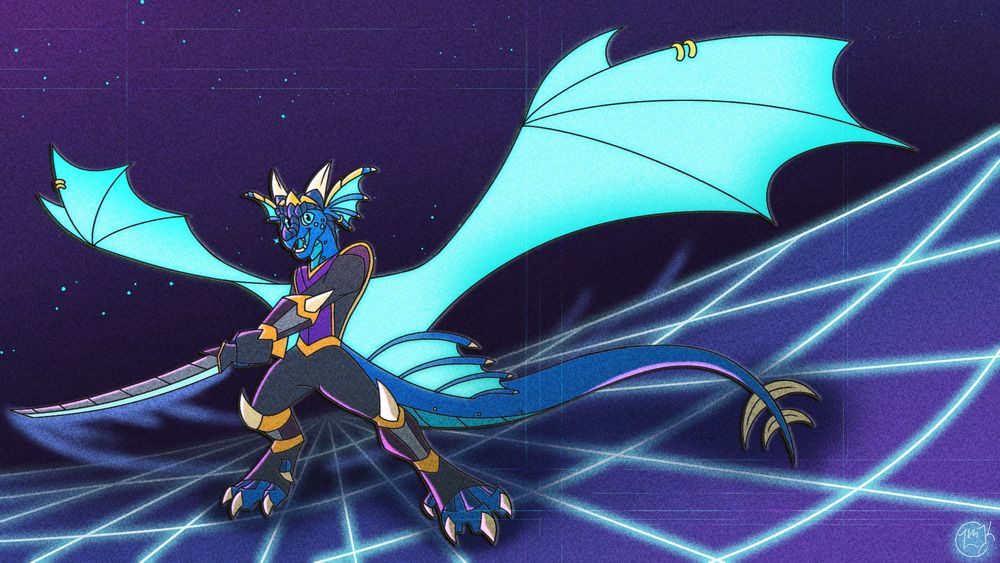 A blue sci-fi dragon prince with a laser sword standing, wings out on a neon grid.