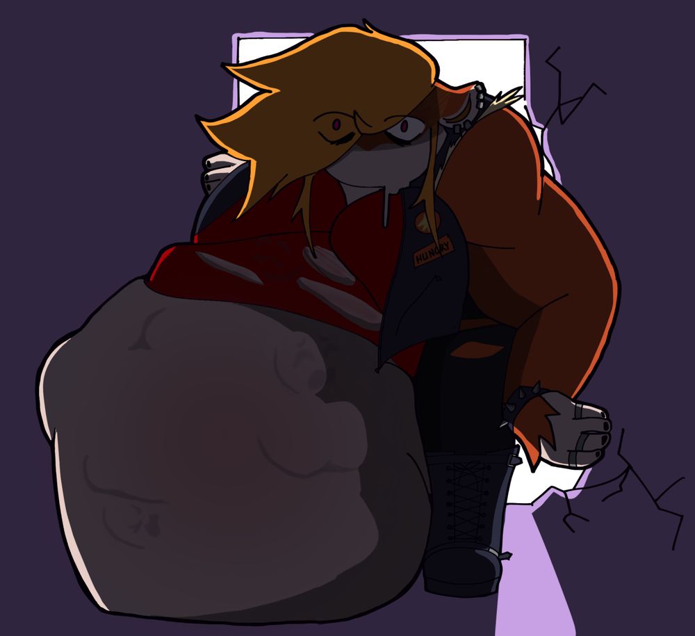 Nazeer stepping through a doorway, partially broken through, staring directly at the viewer. Her stomach is swollen with a few bulges of previous prey visible on it's surface