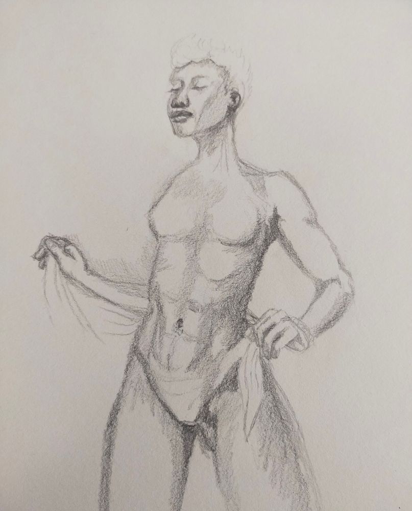 Shaded pencil sketch of a tall, thin, feminine bodied person. There's a suggestion of a piece of fabric being pulled behind them, between their hands. I haven't decided what to do with the setting yet. 