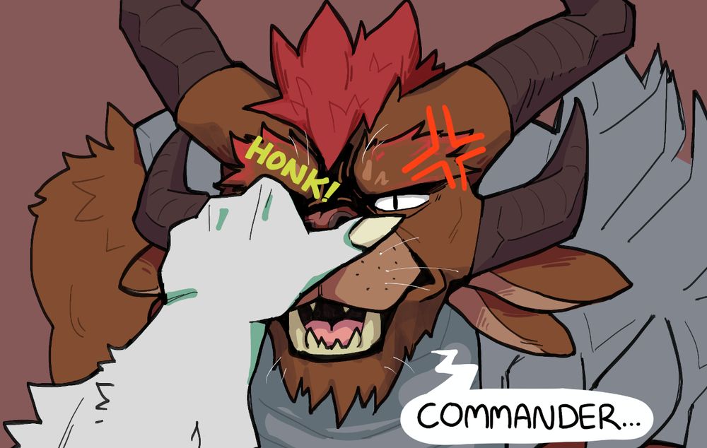 Charr PC in Guild Wars 2 honking Rytlock's nose. He's very irritated by the silliness.

#furryart #dama624art