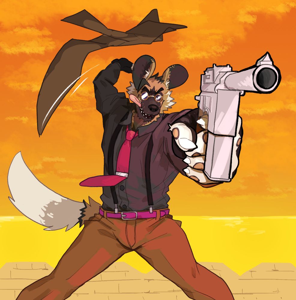 Wild Dog from Time Crisis as an anthropomorphic wild dog, aiming his Mauser C96 and doing his signature coat toss.

#furryart #dama624art