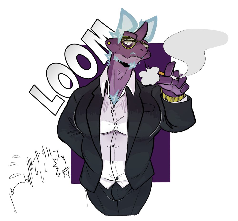 Toxtricity's dad, a low-key wearing sunglasses, a fancy watch, and dressed up in a suit while smoking. His looming presence freaks Chesnaught out.

#furryart #dama624art