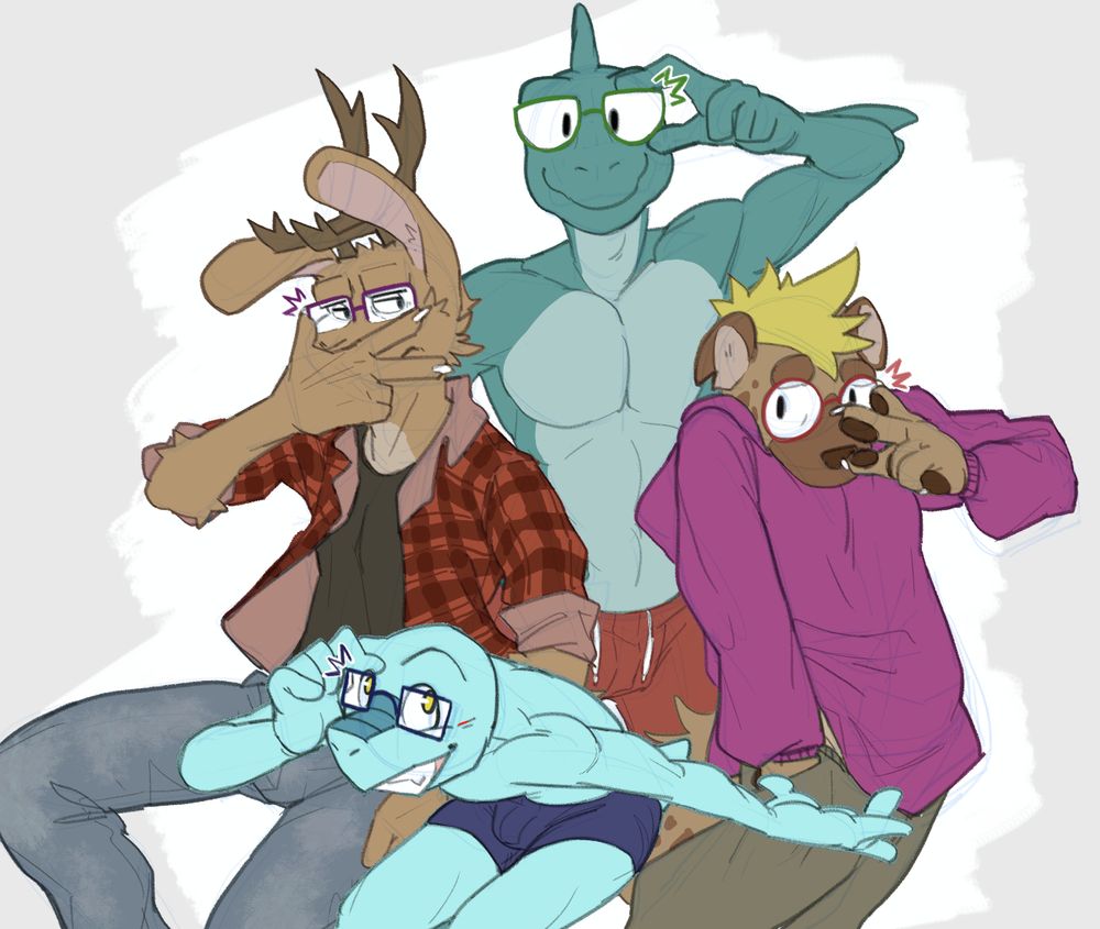 Various 4 OCs posing with their glasses on: Dama with rectangular frames, a jackalope with rectangular half-frames, a hyena with full moon frames, and a dolphin with half moon frames.

#furryart #dama624art