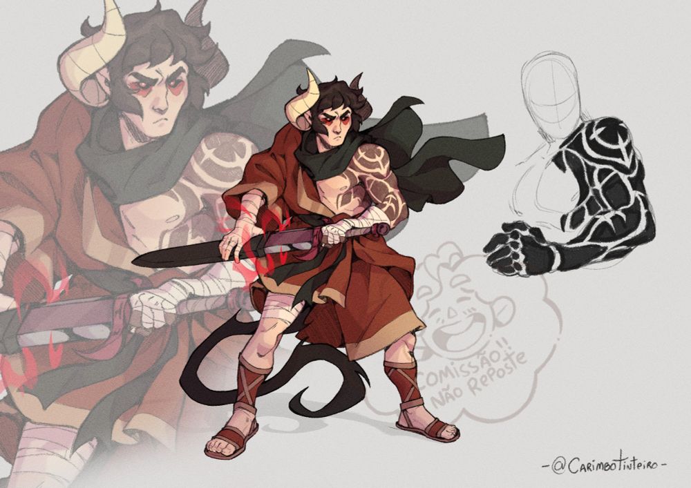 Ilustração de um homem branco com chifres que vem de trás de sua cabeça, ele está curvado desembainhando sua espada. 
Ele veste mantos vermelhos com amarelo em suas bordas, cachecol preto e seus olhos são negros com marcas vermelhas em baixo.
ele tem um rabo, com pelos escuros como seu cabelo. 
Na ilustração, feita exclusivamente pra retratar seu design tem um esboço explicando como são desenhadas suas tatuagens que cobrem com totalidade seu braço esquerdo 