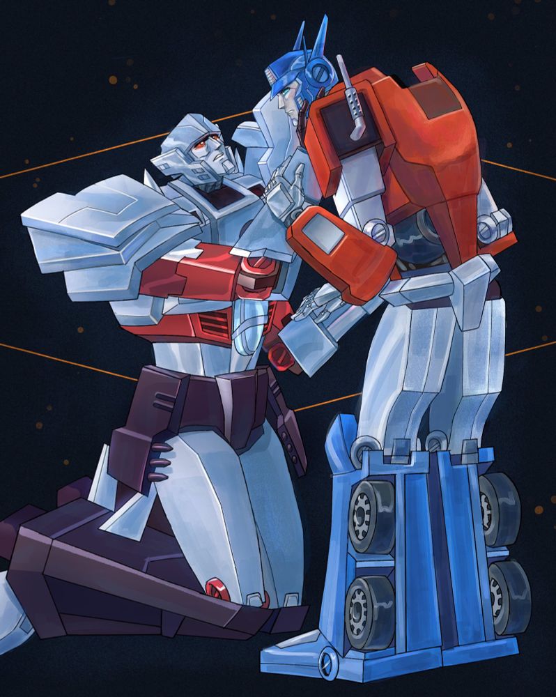 Megatron swearing fealty for Optimus. Megatron stays on his knees in front of Optimus Prime. His hand gently holding Optimus face, his other hand laying on Optimus hand. Optimus gently wrapped Megatrons hand which reached OP’s face. Optimus face expression full of love and hope. 