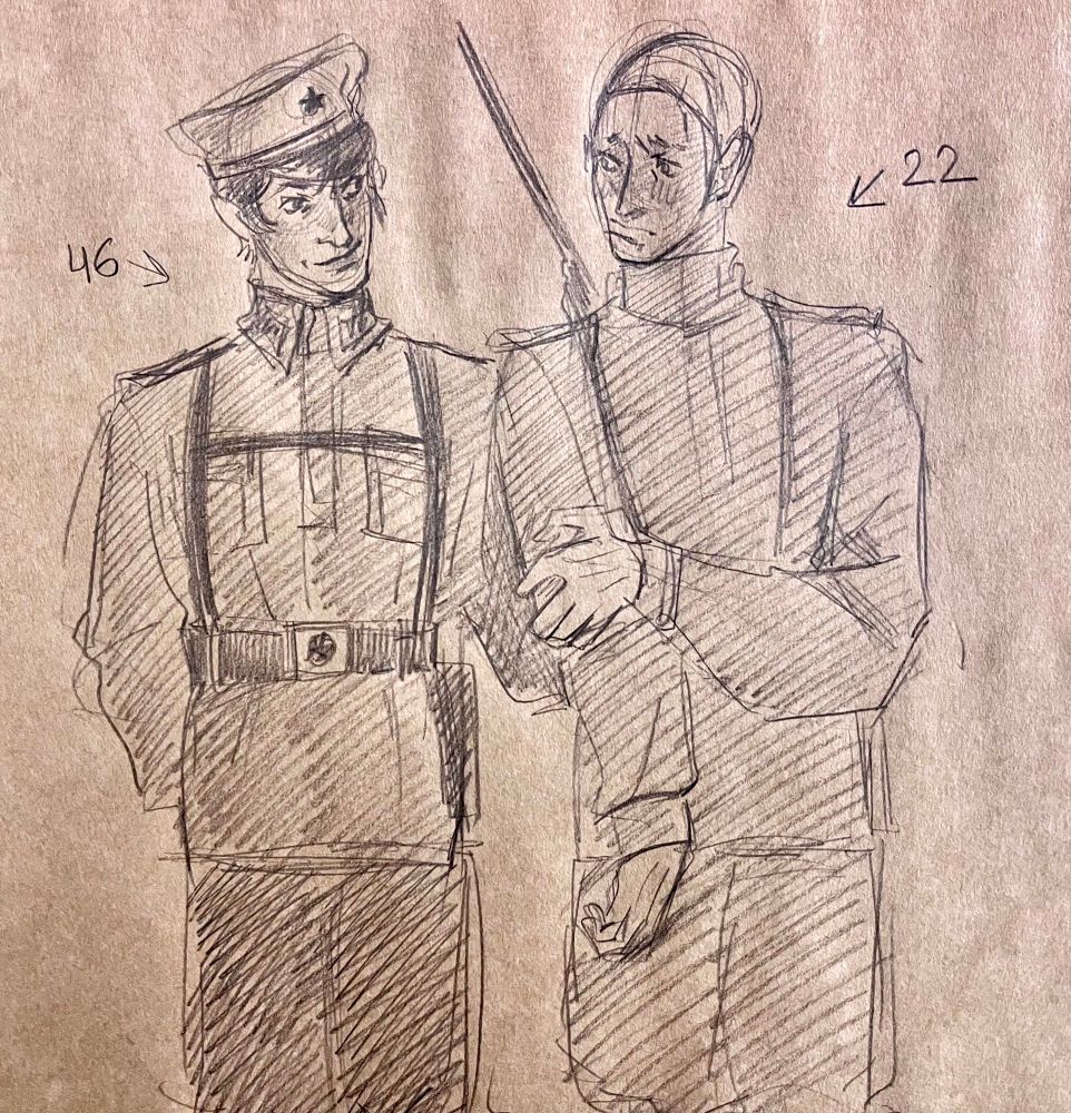 Сережа вообще только недавно вписался в мир щуки. До этого эти реальности никак не соприкасались, но мне показалось забавным переодически рисовать на фоне сережи чиби-щуку, который восхищается бравым нквдшником ньяхахахаха
Так и получилось, что теперь эти двое вполне знакомы. Щука был вахуе, когда узнал, что такой вот 🤌🏻недосягаемый идеал солдата🔞 был знаком с его дурным папаней
Ну а сережа что? Сережа тоже в шоке, что товарищ медленно спивается где-то в деревушке под Ленинградом и отправляет сына воевать.. Они с батей щуки в Гражданскую войну были совсем молодые, как щука в Великую Отечественную 
От этого сереже очень больно, он всегда надеялся, что молодым юношам не придется проходить его судьбу(( 
Но щука не то что прошел, он бля превзошел нахуй в +100 сука 