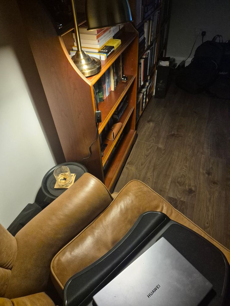 A picture of a comfy leather chair, laptop, whiskey, reading light, and library 