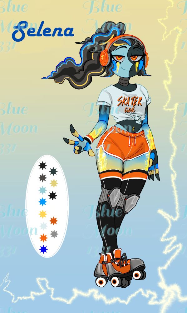 A robot woman with short orange sports shorts and thigh high socks that have white and orange strips at the top. Her shirt is a white crop top tied in front, above which are the words skater girl. She wears orange roller blade with white wheels and metal coverings at the heels and toes, neatly knotted with shoelaces. There are knee pads with similar metal plates. Her skin is a muted black that fades to blues and yellows, with yellow lightning bolts on her forearms and hips down her outer thighs. Her face is split between the black and blue, and she has orange irises. There are yellow lightning bolt beneath her rims extending along her cheeks. Her hair is mostly black, puffy and cloud like, about waist length, but done in a loose ponytail with tufts draping by where her ears would be instead of audio receptors. She has a few highlights in her hair, lighter and dark blues, along with a couple yellow. She dons orange headphones that are gray underneath and have a yellow M on the ear pieces. There is a fingerless black glove on her right hand, and a orange, white, and black striped sweatband on her left wrist. Her belly button area is pierced, with a golden lightning bolt inside. Her fingers are layering colors, starting as blue, then yellow, and ending as black. Her palm are a lighter shade of blue.