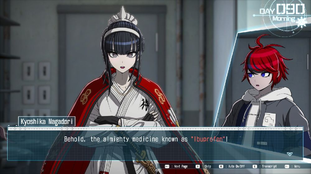 Kyoshika Magadori and Takumi Sumino from The Hundred Line - Last Defense Academy. Magadori is bestowing upon Sumino "The almighty medicine known as 'ibuprofen'".