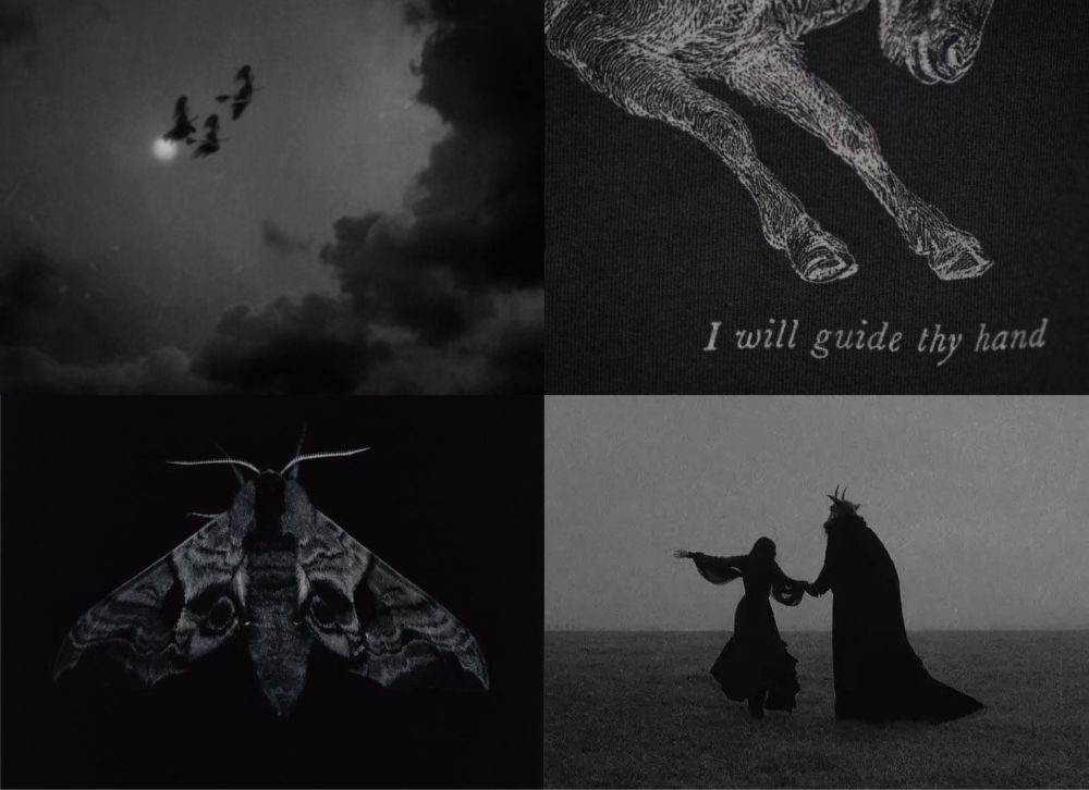 top left: three witches in flight, night sky; top right: a goat, I will guide thy hand; bottom left: a moth; bottom right: a figure in robes dancing with a horned monster