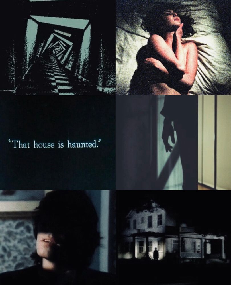 top left: a hall “twisting” top right: a naked woman embracing herself in bed; middle left: this house is haunted; middle right: a shadow on the wall; bottom left: a man’s face mostly shrouded in darkness; bottom right: a still of the house from Halloween