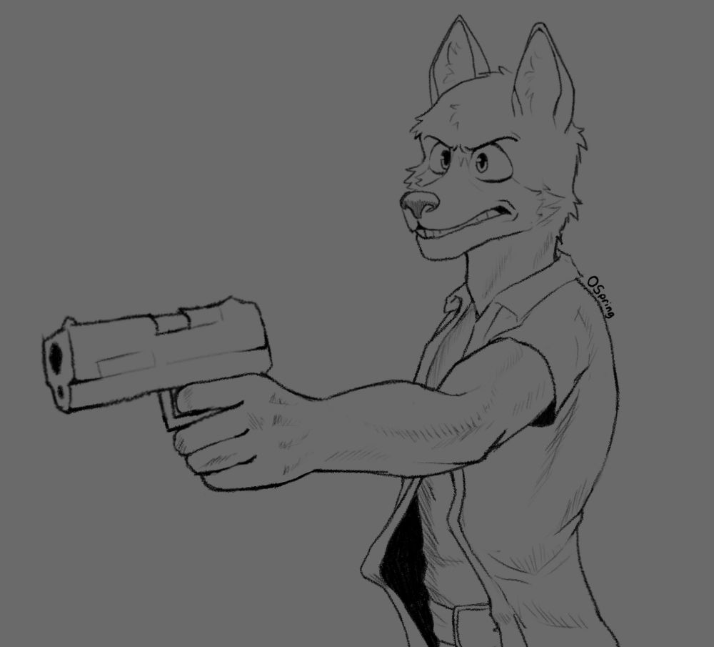 A wolf investigator pointing a gun