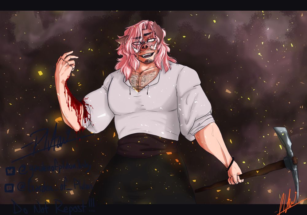 Screenshot redraw of two frames mashed into one of Technoblade from HogHunt!

I have a pickaxe and I'll put through your teeth type shit