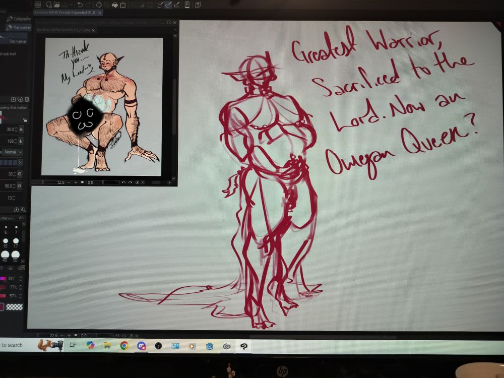 A censored nsfw pic of a warrior sacrificed to a "Lord". Full image is a sketch mock-up of the same warrior thoroughly pregnant with the Lord's clutch!

Upset? Draw him pregnant!!!