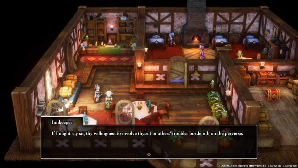 Screenshot from Dragon Quest HD-2D Remake. Innkeeper: "If I might say so, thy willingness to involve thyself in others' troubles bordereth on the perverse."