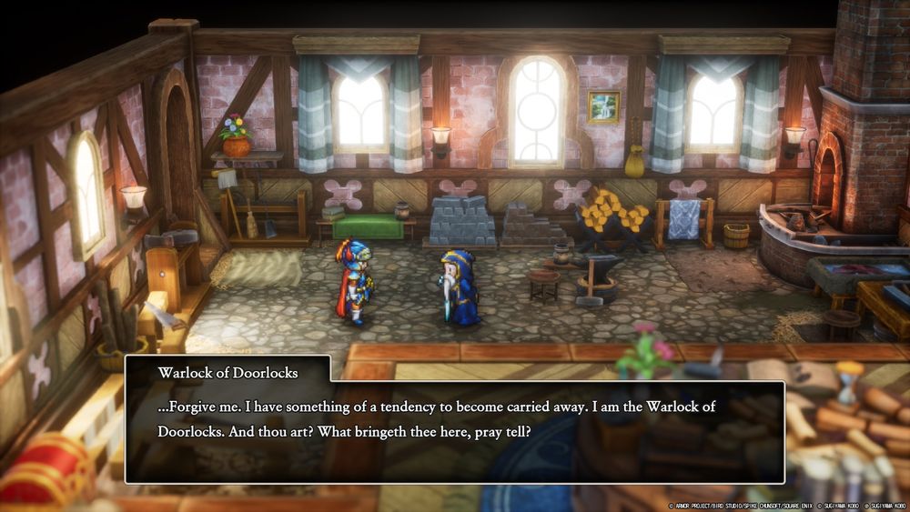 Screenshot from Dragon Quest HD-2D Remake. "...Forgive me. I have something of a tendency to become carried away. I am the Warlock of Doorlocks. And thou art? What bringeth thee here, pray tell?