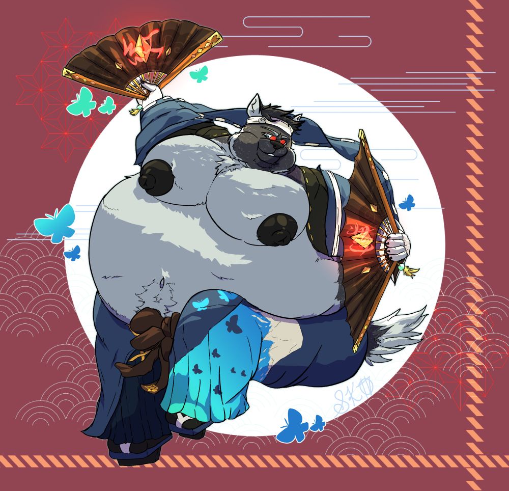 A large wolf with dark fur performing a signature move, Kou, dressed in Anji's garb (from Guilty Gear Strive, slot 6) with their chest out and bare!