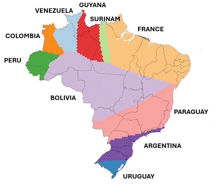 national map showing the closest foreign country for every place in Brazil. Nearest country could be Uruguay, Argentina, Paraguay, Bolivia, Peru, Colombia, Venezuela, Guyana, Surinam, or France (because French Guyana is still a territory of France).