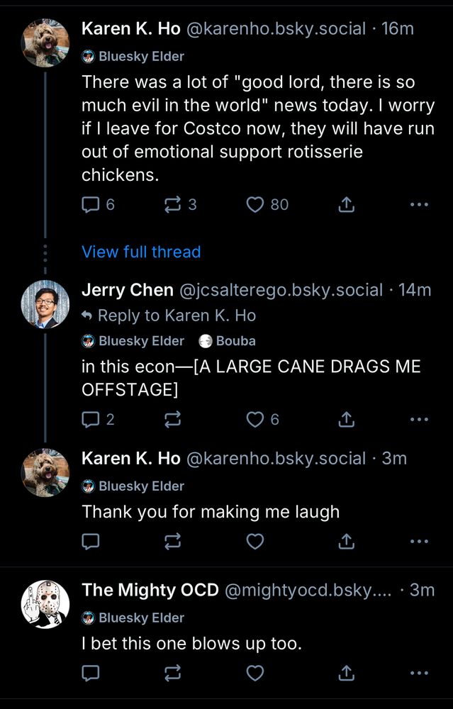 A post that reads, "I bet this one blows up too." Under Karen's post about emotional support rotisserie chicken. I thought it was a reply, but there is no faint white line connecting it to Karen's post.