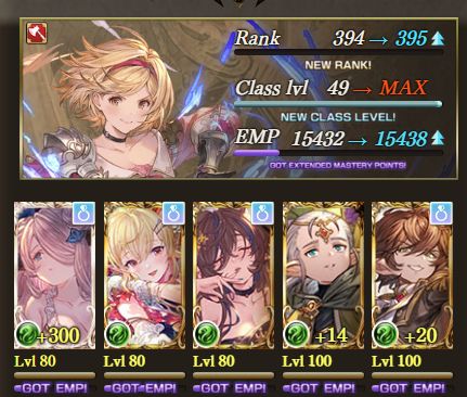 Granblue screenshot showing Fighter Origin reaching max level, as well as ranking up to 395